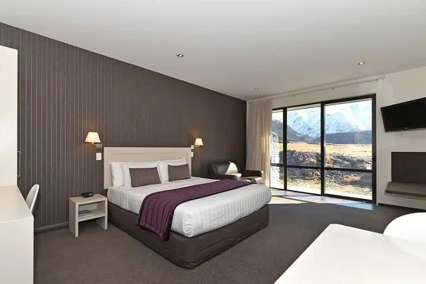 Mountain views from inside your room at Aoraki Court in Mt Cook Village