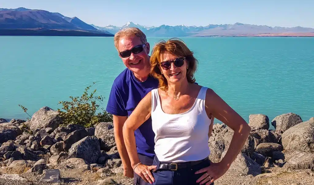 A 50+ couple at Lake Pukaki in the South Island, new Zealand